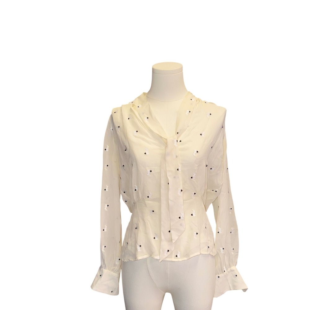 Fleur du Mal Silk Bunny Embroidered Tie Neck Blouse Cream White Size 4
